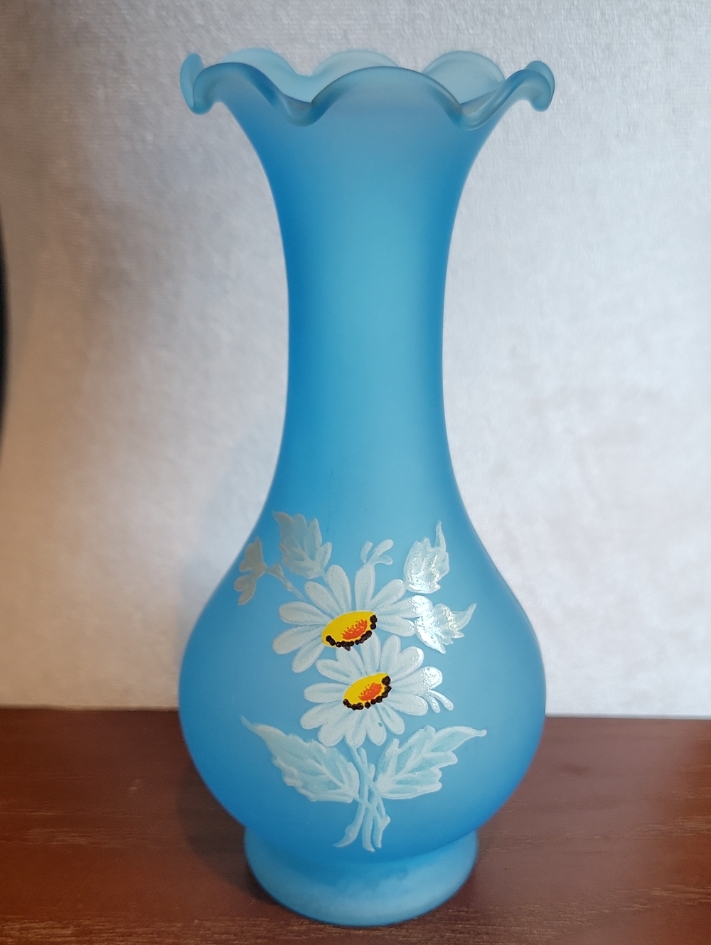 Blue Glass Floral Vase with Hand-Painted Daisies